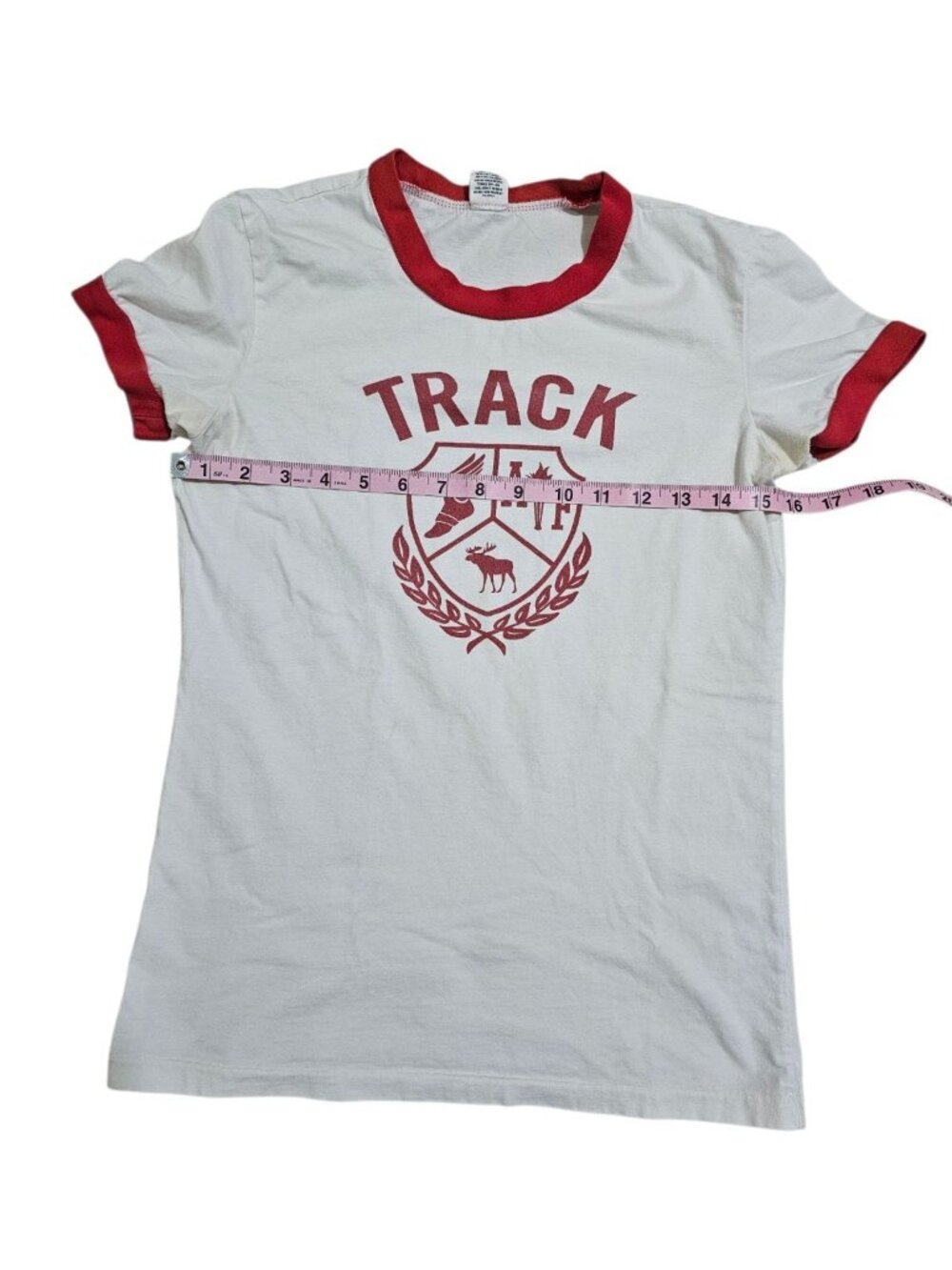 Abercrombie & Fitch Women Medium Ringer Tee White Red Track Archival Moose Rare - Picture 6 of 7